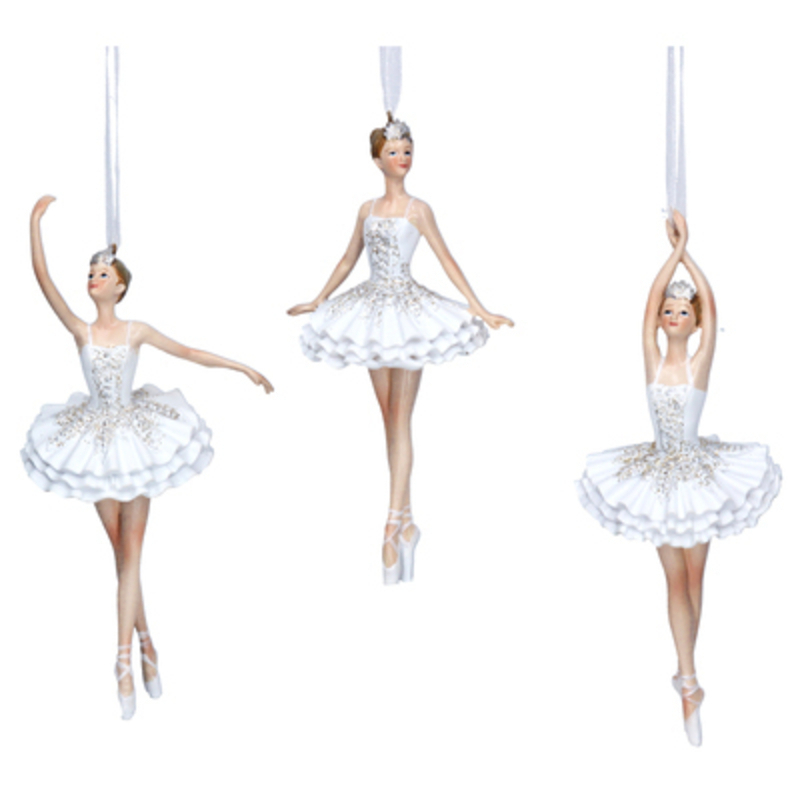 Decorative White Ballerina Christmas Tree hanging decoration by Gisela Graham would look lovely on your tree this Christmas. Choice of 3 - If you have a preference please specify when ordering. This fesive white resin ornament by Gisela Graham will delight for years to come. It will compliment any Christmas Tree and will bring Christmas cheer to children at Christmas time year after year. Remember Booker Flowers and Gifts for Gisela Graham Christmas Decorations. Please note this is not a set of 3 - there is a choice of 3 different designs.